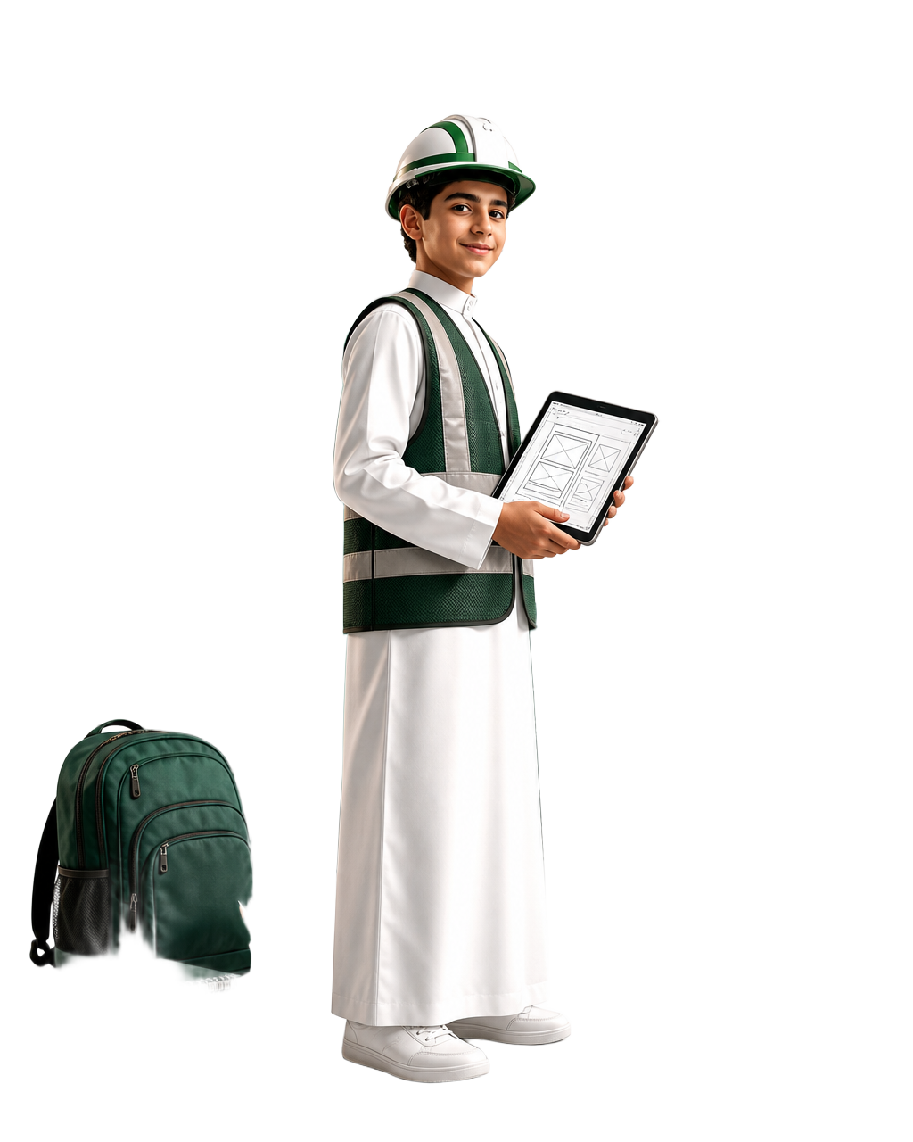 طالب سعودي في عمر المدرسة يرتدي الثوب الأبيض وخوذة هندسية وسترة أمان ويحمل مخطط الموقع الرقمي الجديد.